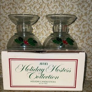 Avon Glass Candlesticks with Holly Design